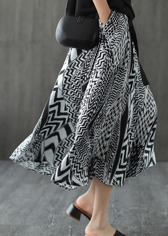 Elegant Black White Print Patchwork Pockets Elastic Waist Linen Skirt Summer - Skirts - DINIBLO 