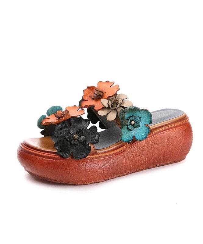 Elegant Wedge Orange Cowhide Leather Slide Sandals - Slide Sandals - DINIBLO 