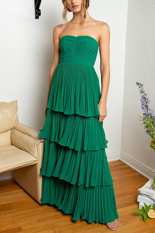 Khalani | Strapless Emerald Green Ruffle Multi-Layer Long Prom Dress - Prom Dress - DINIBLO 