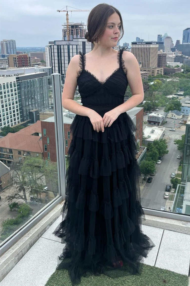 Yasmine | V-Neck Black Layered Tulle A-Line Prom Dress - Prom Dress - DINIBLO 