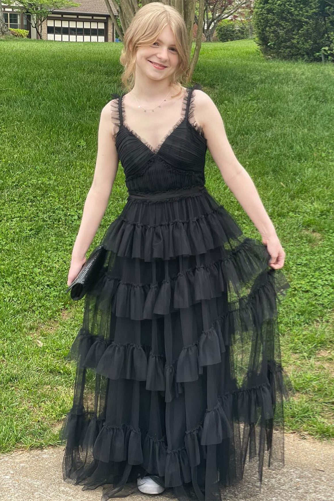 Yasmine | V-Neck Black Layered Tulle A-Line Prom Dress - Prom Dress - DINIBLO 