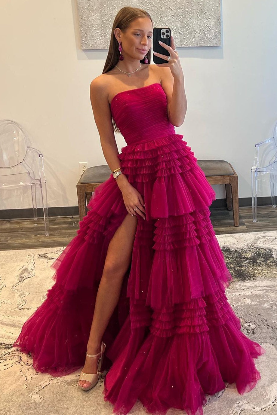 Daniela |A-Line Strapless Tulle Long Prom Dress with Tiered Ruffles - Prom Dress - DINIBLO 