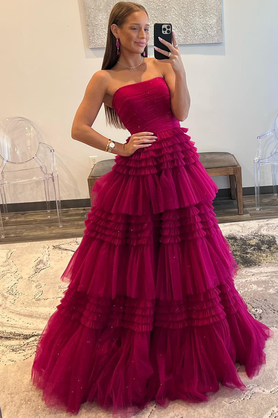 Daniela |A-Line Strapless Tulle Long Prom Dress with Tiered Ruffles - Prom Dress - DINIBLO 