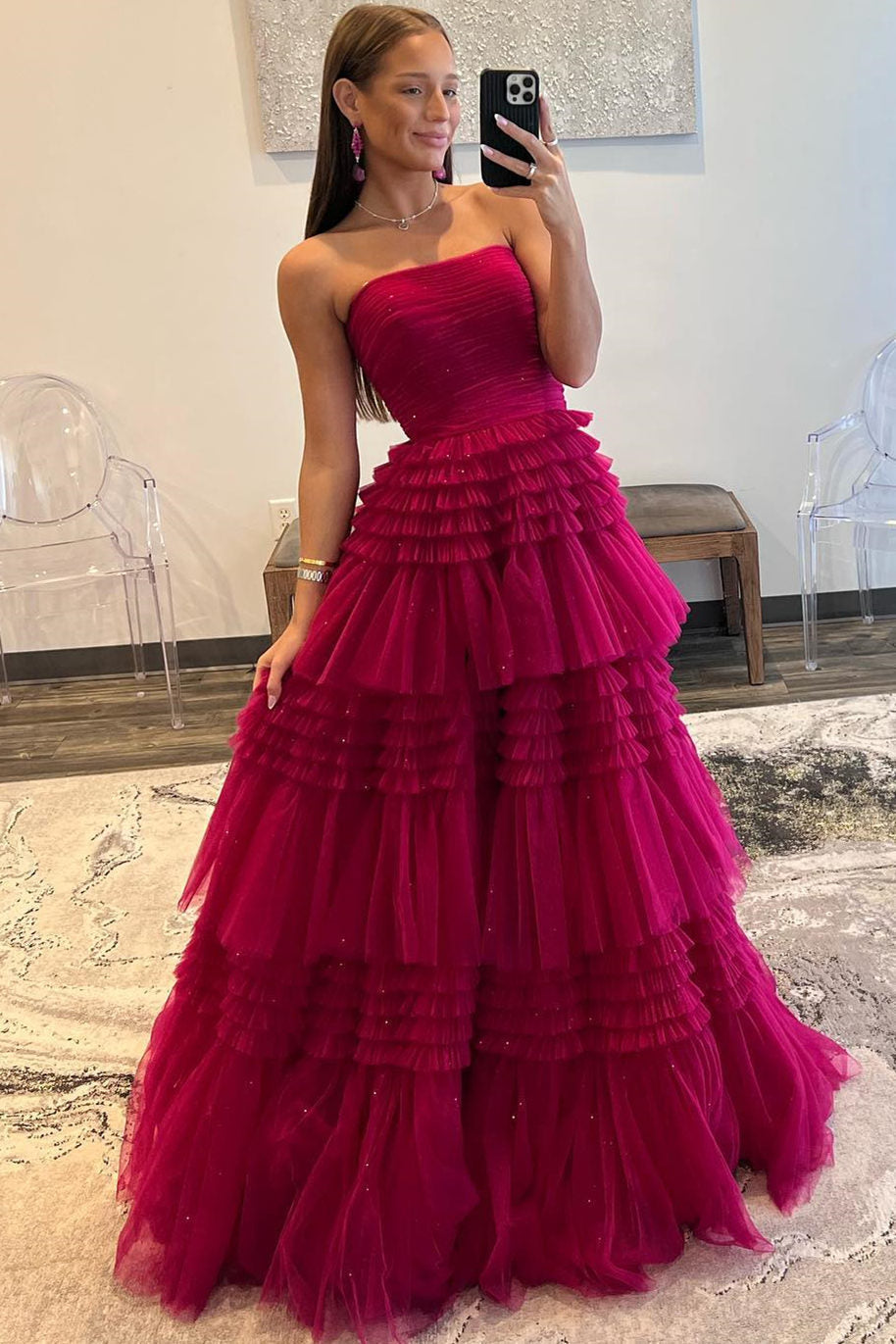 Daniela |A-Line Strapless Tulle Long Prom Dress with Tiered Ruffles - Prom Dress - DINIBLO 