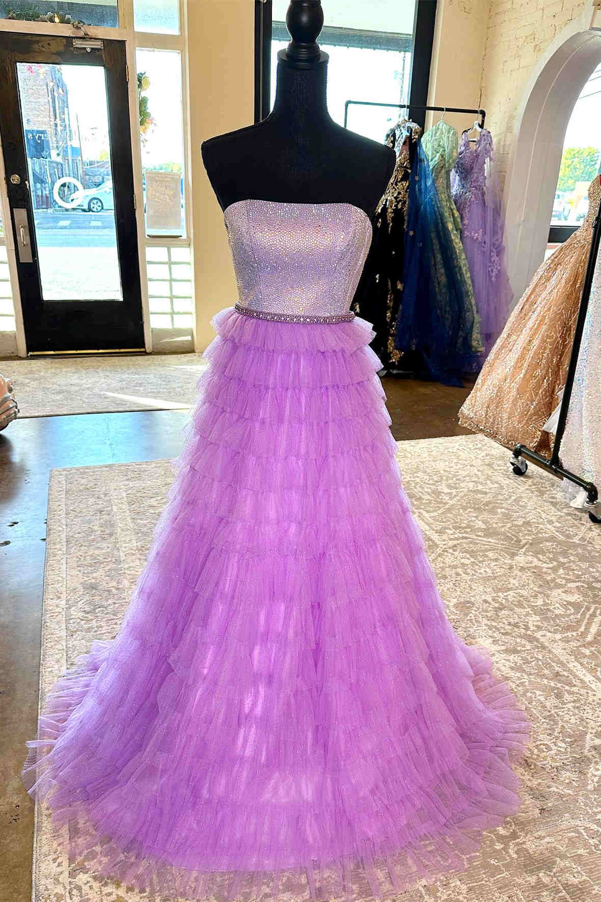 Yvonne | A-Line Strapless Lilac Layered Long Prom Dress with Rhinestones - Prom Dress - DINIBLO 