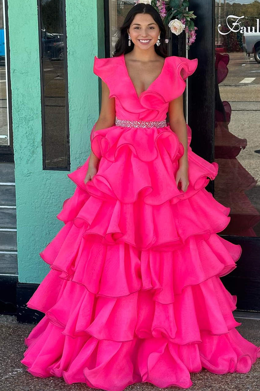 Zoey | Hot Pink V-Neck Ruffle Tiered Long Prom Dress with Beaded Waist - Prom Dress - DINIBLO 