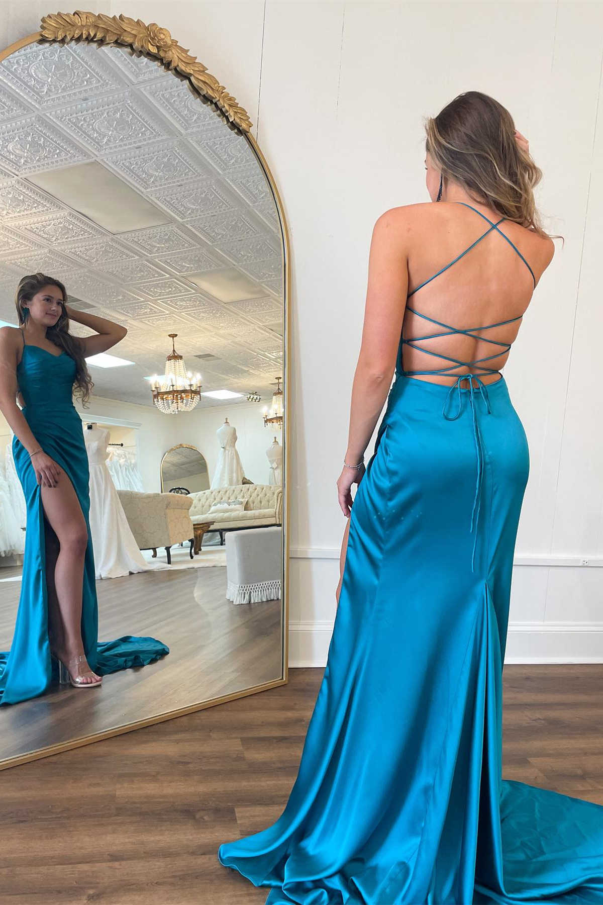 Xyla | Straps Teal V-Neck Ruched Long Prom Dress - Prom Dress - DINIBLO 