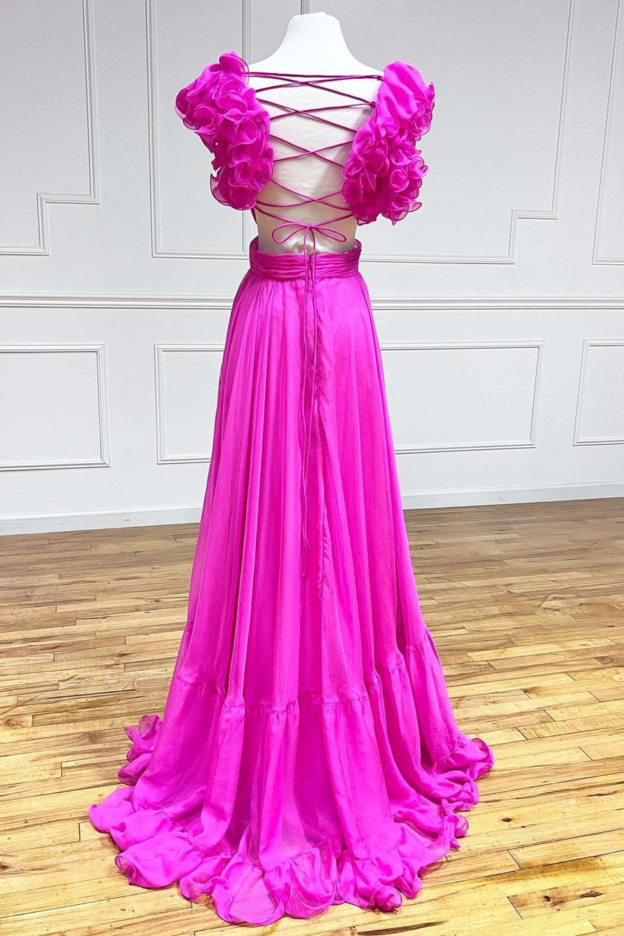 Aadhya | Lace-Up Fuchsia V-Neck Ruffle Pleated Long Prom Dress - Prom Dress - DINIBLO 