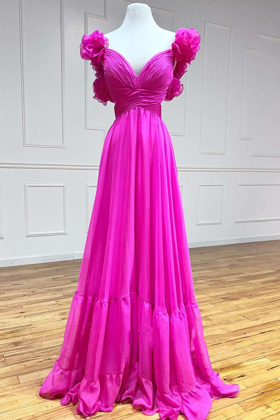 Aadhya | Lace-Up Fuchsia V-Neck Ruffle Pleated Long Prom Dress - Prom Dress - DINIBLO 