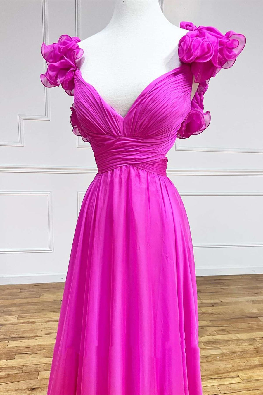 Aadhya | Lace-Up Fuchsia V-Neck Ruffle Pleated Long Prom Dress - Prom Dress - DINIBLO 