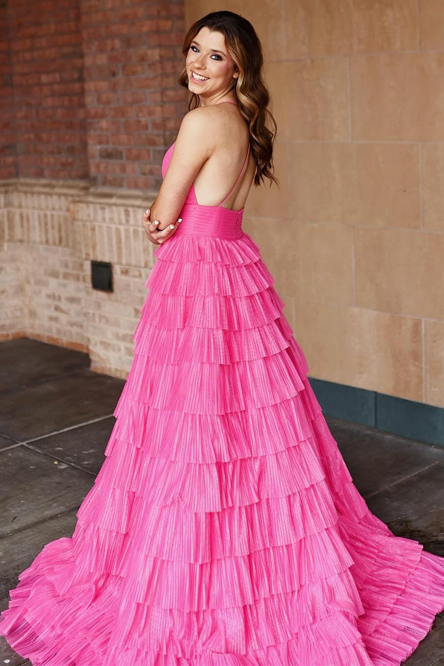 Zhuri | Pleated Magenta Straps Ruffle Layered Formal Dress - Prom Dress - DINIBLO 