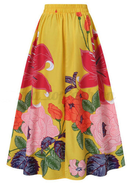 Fashion Yellow Elastic Waist Pockets Print Cotton Skirts Summer - Skirts - DINIBLO 