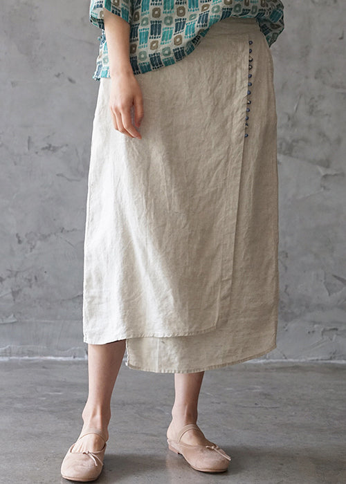 Fine Beige elastic waist asymmetrical design pocket Linen Skirts Spring - Skirts - DINIBLO 