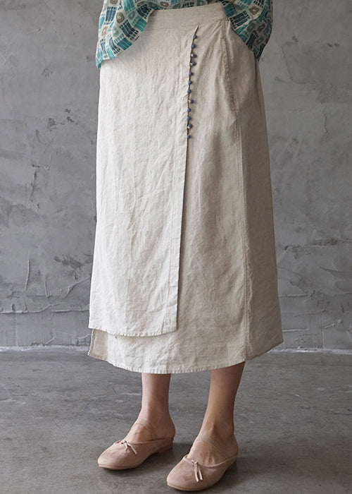 Fine Beige elastic waist asymmetrical design pocket Linen Skirts Spring - Skirts - DINIBLO 