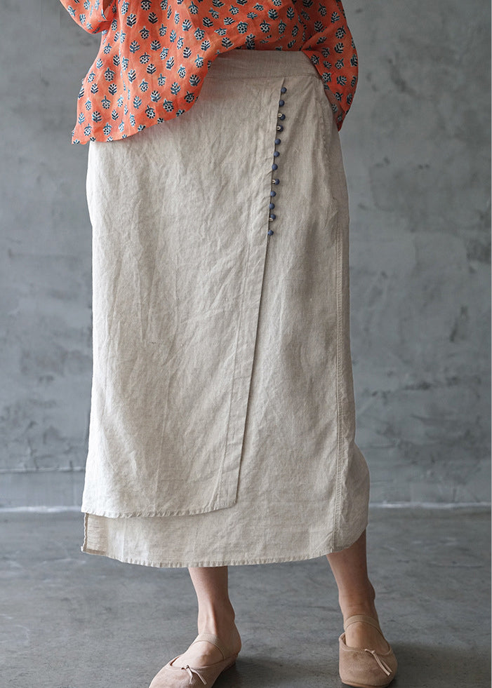 Fine Beige elastic waist asymmetrical design pocket Linen Skirts Spring - Skirts - DINIBLO 