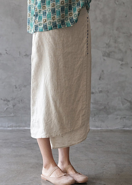 Fine Beige elastic waist asymmetrical design pocket Linen Skirts Spring - Skirts - DINIBLO 