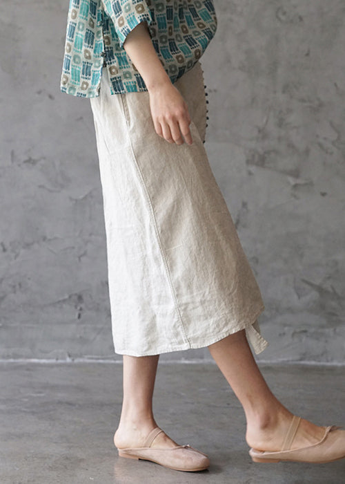 Fine Beige elastic waist asymmetrical design pocket Linen Skirts Spring - Skirts - DINIBLO 