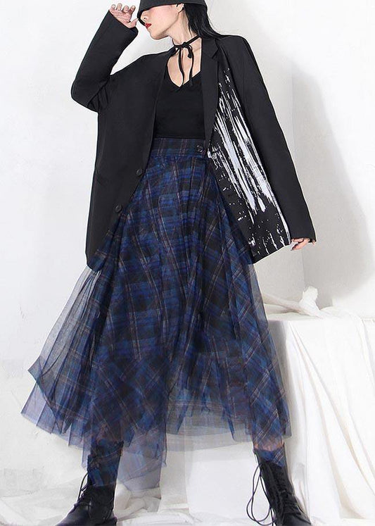 Fine Blue Plaid Button Asymmetrical Summer Skirt - Skirts - DINIBLO 