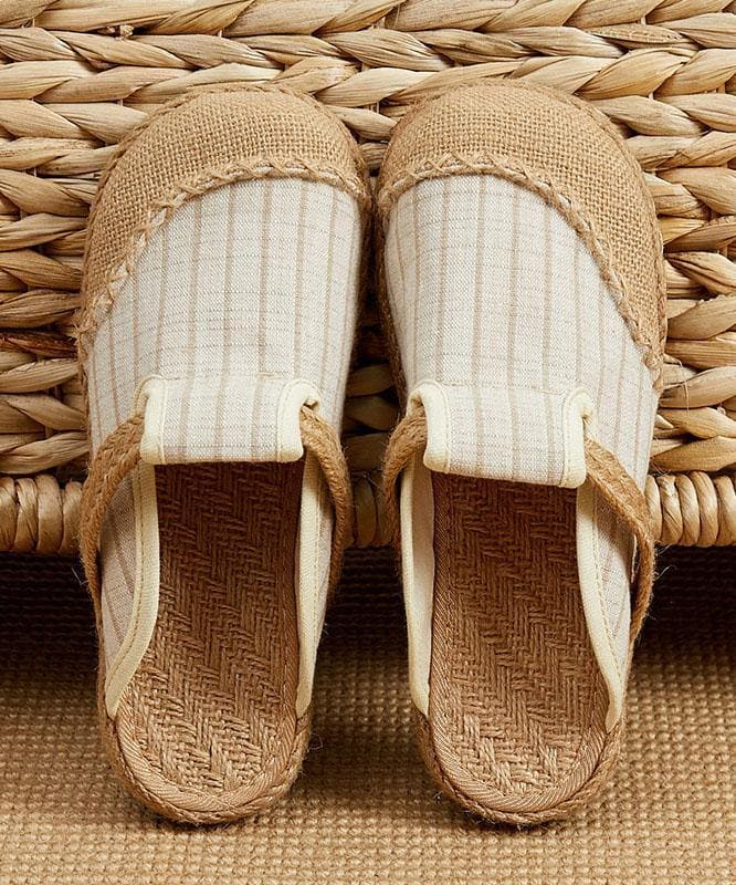 Fitted Slippers Shoes Beige Striped Cotton Linen Fabric - Slide Sandals - DINIBLO 