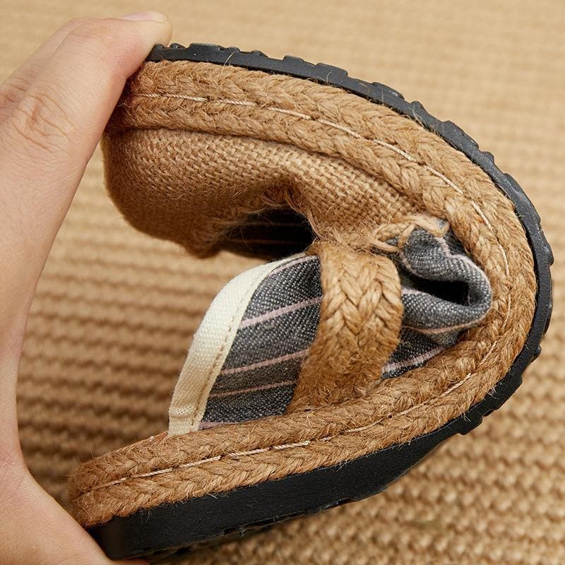 Fitted Slippers Shoes Beige Striped Cotton Linen Fabric - Slide Sandals - DINIBLO 