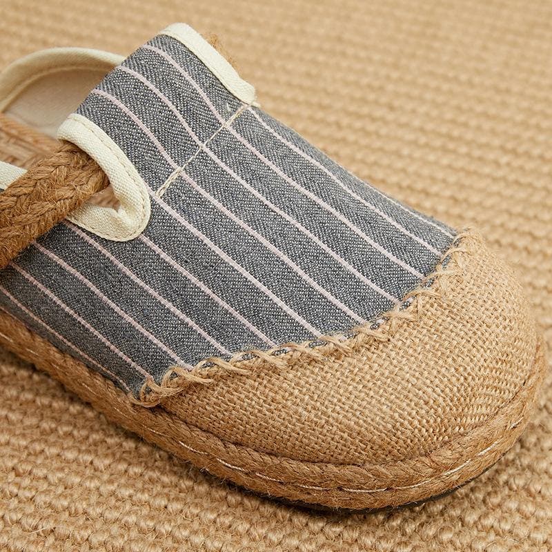 Fitted Slippers Shoes Beige Striped Cotton Linen Fabric - Slide Sandals - DINIBLO 