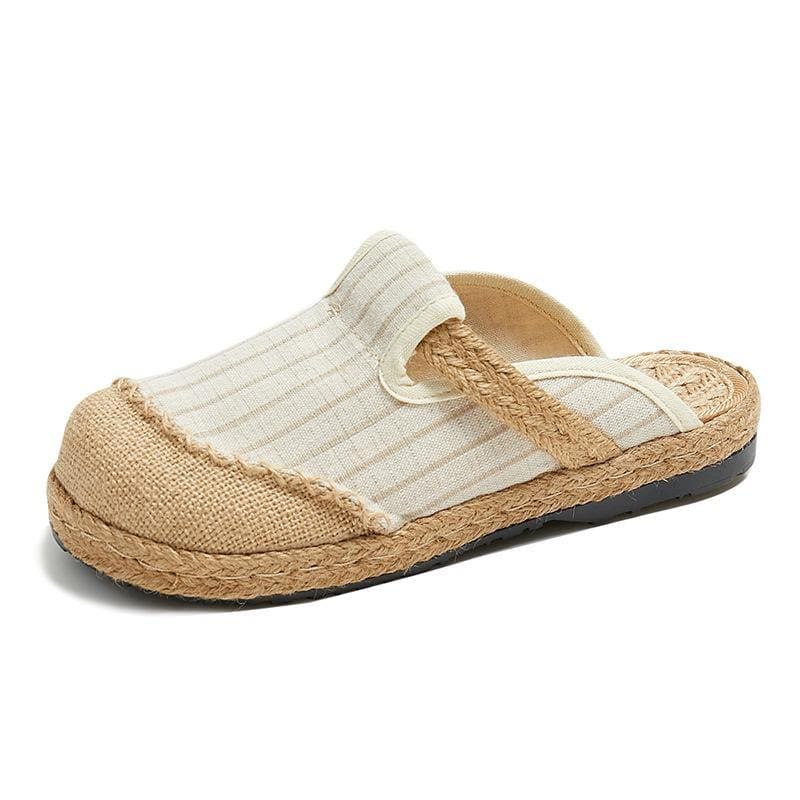 Fitted Slippers Shoes Beige Striped Cotton Linen Fabric - Slide Sandals - DINIBLO 