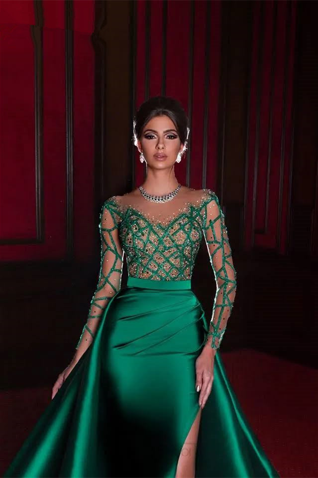 Gorgeous Long Emerald Beading Lace Split Prom dress With Long Sleeves - Prom Dresses - DINIBLO 