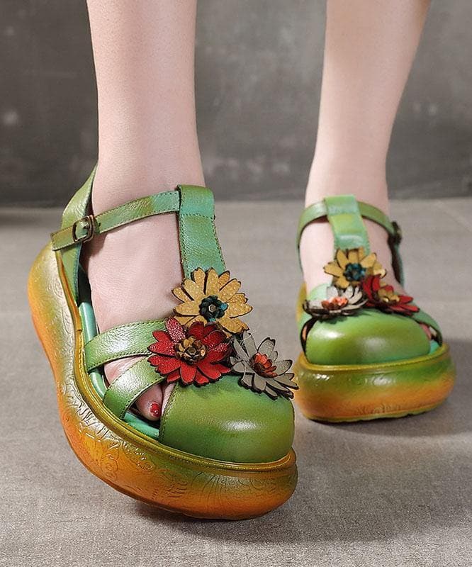 Green Cowhide Leather Buckle Strap Platform Sandals - Sandals - DINIBLO 