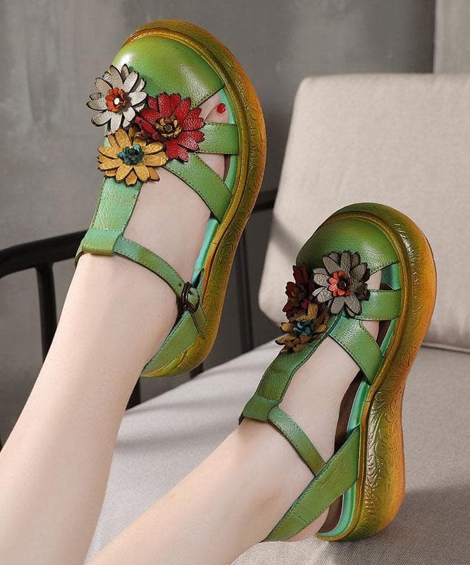 Green Cowhide Leather Buckle Strap Platform Sandals - Sandals - DINIBLO 