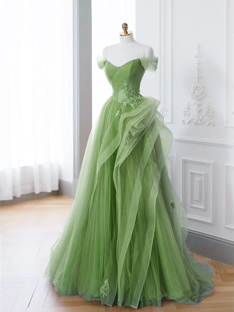 Saflor | Green A-Line Off Shoulder Long Prom Dress Lace Long Evening Dress - Prom Dress - DINIBLO 