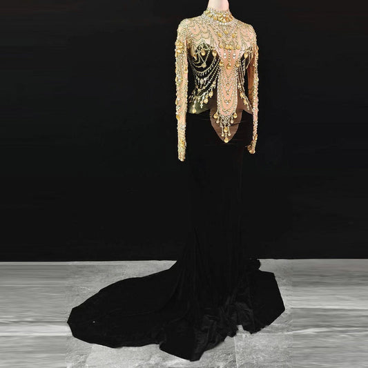 Handmade Gold Crystal Velvet Gown - Dresses - DINIBLO 