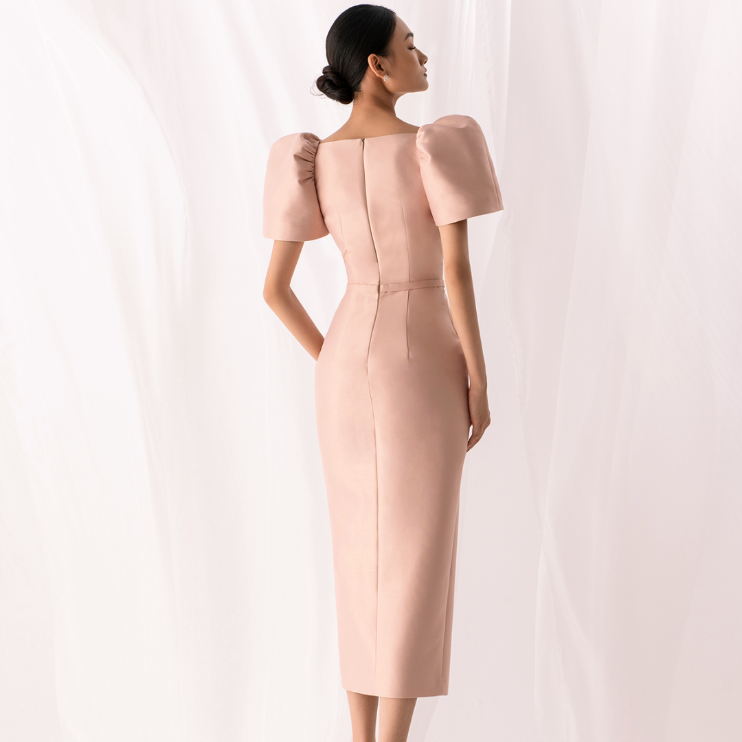 Stylish French Midi Puff Party Dress -  - DINIBLO 