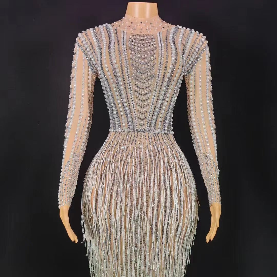 Pearl Fringe Bodycon Mesh Dress Handmade - Dresses - DINIBLO 