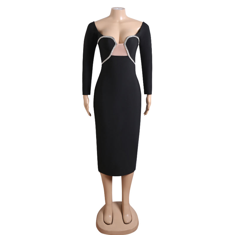 Black Elegant Long Sleeve Bodycon Dress - Dresses - DINIBLO 