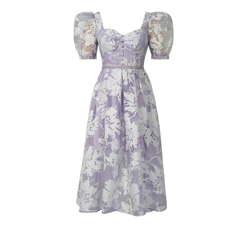 Purple Floral Puff Sleeve Midi Dress -  - DINIBLO 