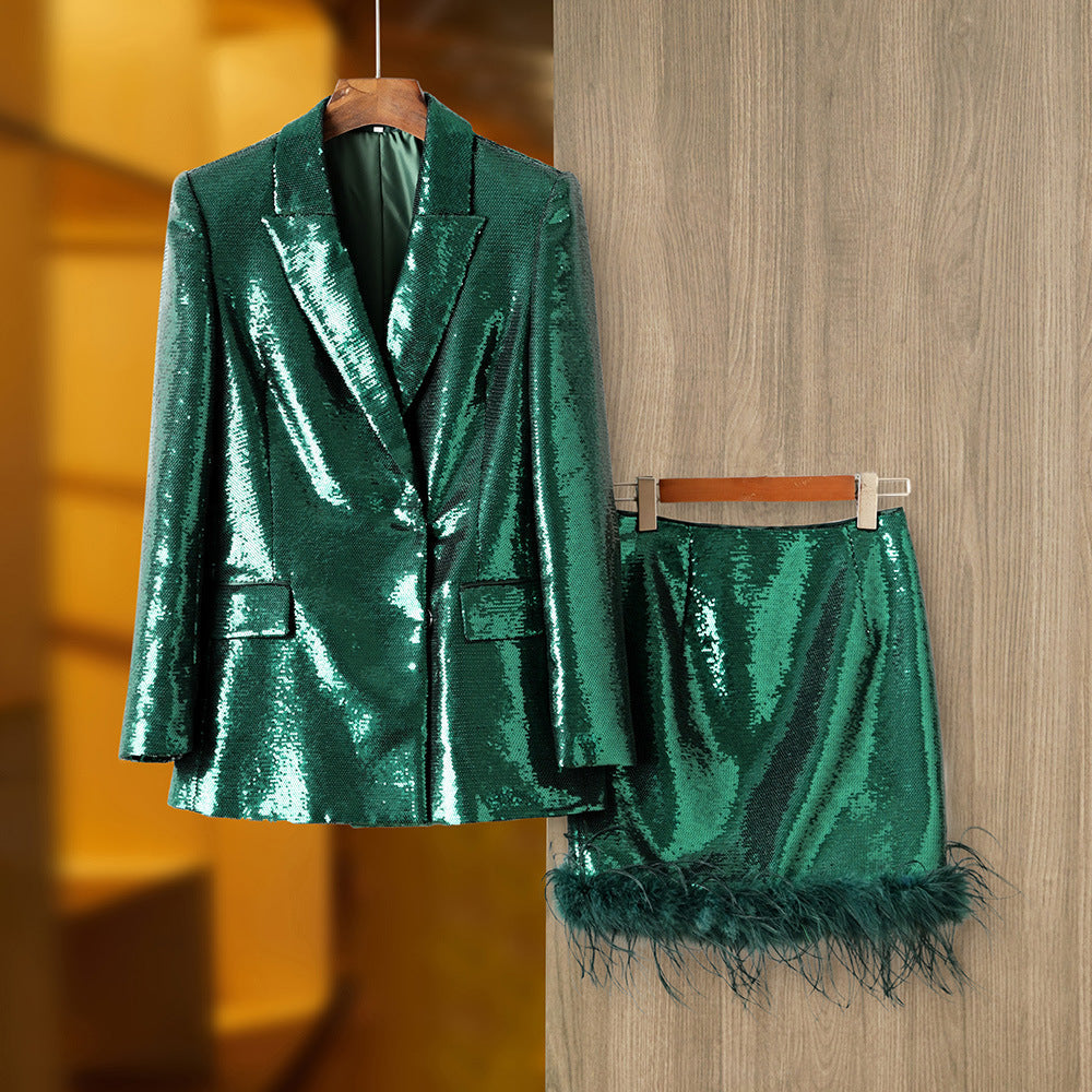 Green Sequin Feathers Two-Piece Set - Skirt Sets - DINIBLO 