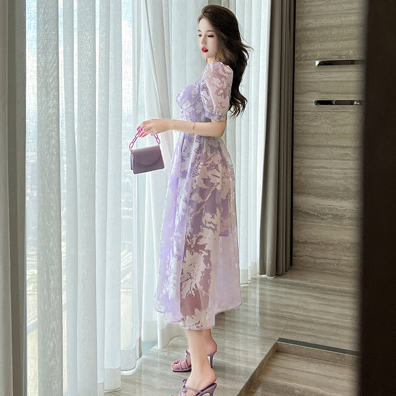 Purple Floral Puff Sleeve Midi Dress -  - DINIBLO 