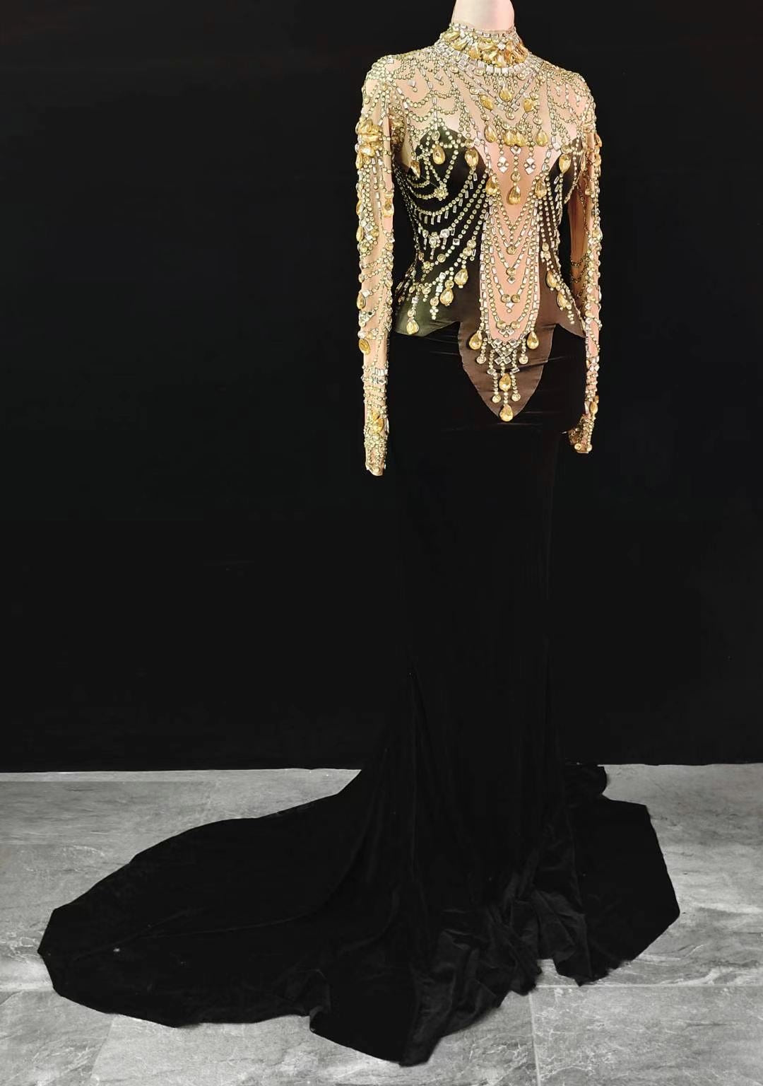 Handmade Gold Crystal Velvet Gown - Dresses - DINIBLO 