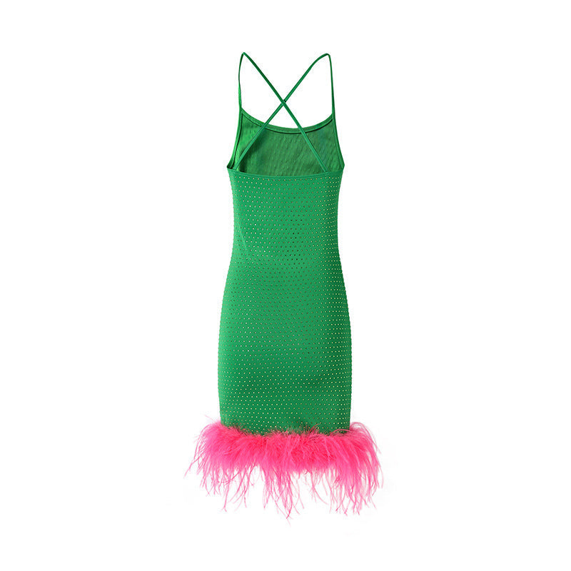 Elegant Green Feather Bodycon Mini Dress - Dresses - DINIBLO 