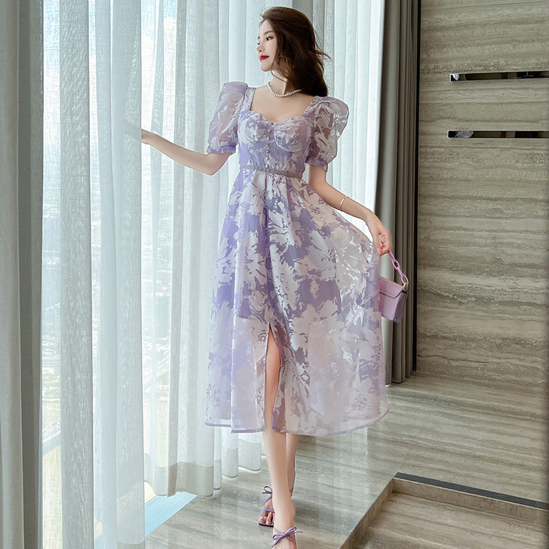 Purple Floral Puff Sleeve Midi Dress -  - DINIBLO 