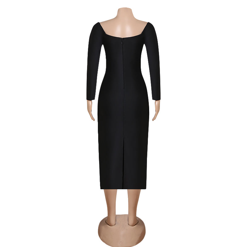 Black Elegant Long Sleeve Bodycon Dress - Dresses - DINIBLO 