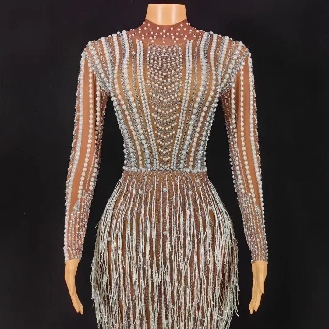 Pearl Fringe Bodycon Mesh Dress Handmade - Dresses - DINIBLO 