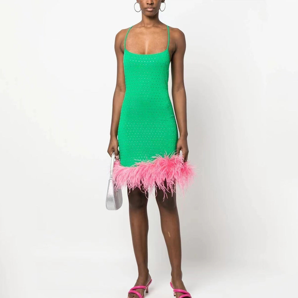 Elegant Green Feather Bodycon Mini Dress - Dresses - DINIBLO 