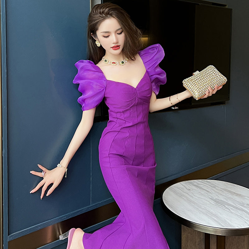 Pleated Puff Sleeve Purple Ball Gown - Dresses - DINIBLO 