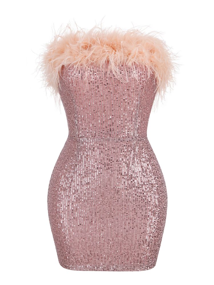 Chic Pink Feather Mini Dress - Dresses - DINIBLO 