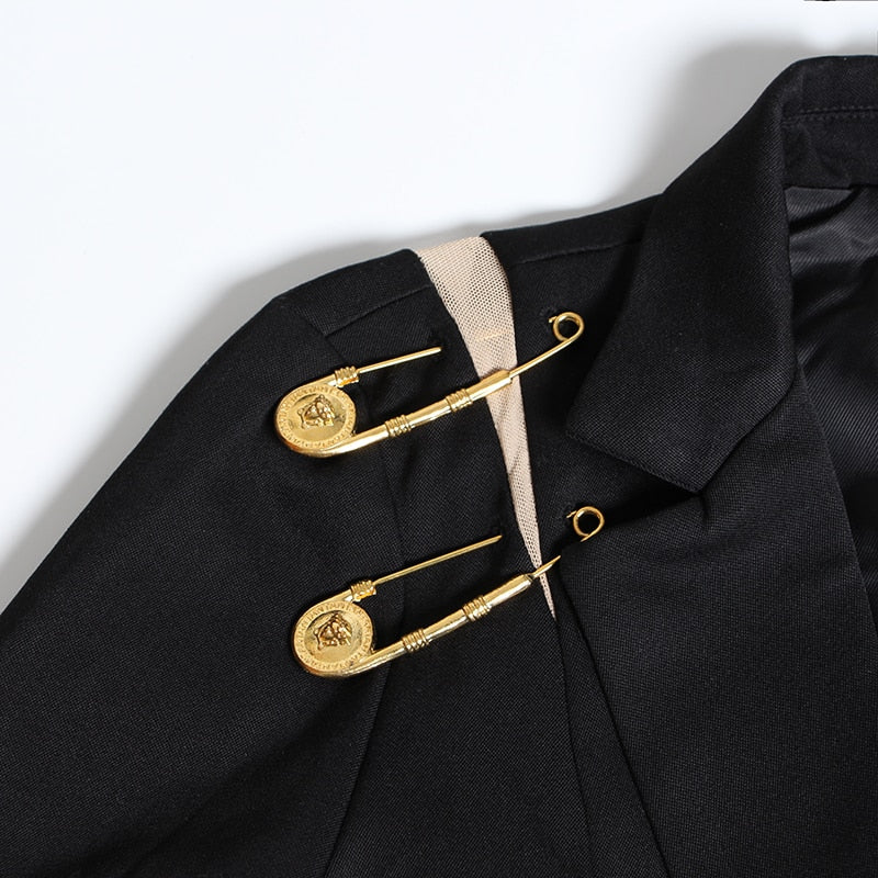 Black Blazer With Golden Safety Pin Trims -  - DINIBLO 