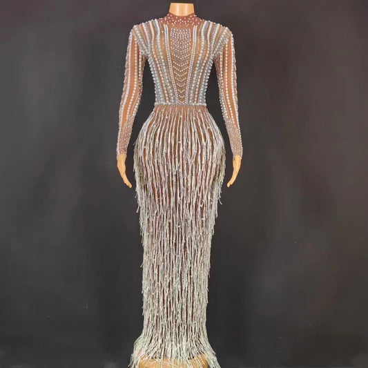 Pearl Fringe Bodycon Mesh Dress Handmade - Dresses - DINIBLO 