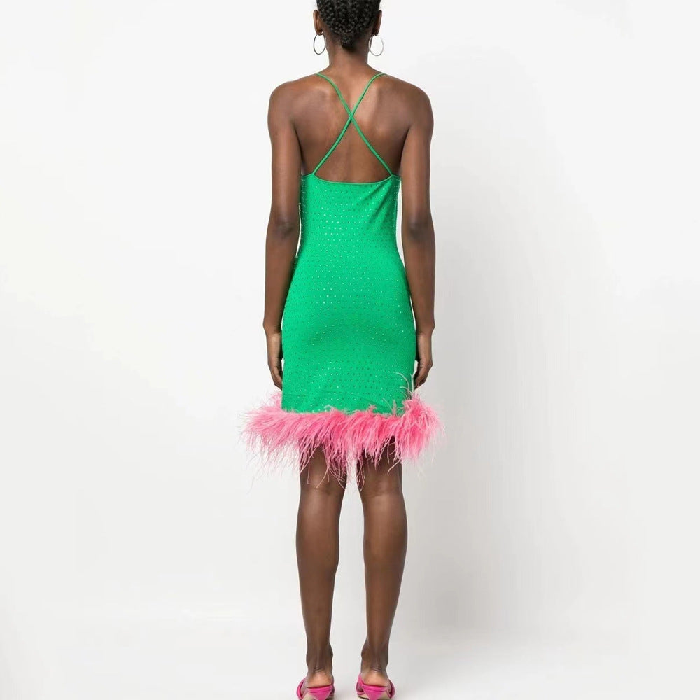 Elegant Green Feather Bodycon Mini Dress - Dresses - DINIBLO 