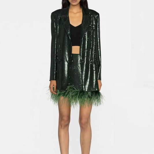 Green Sequin Feathers Two-Piece Set - Skirt Sets - DINIBLO 