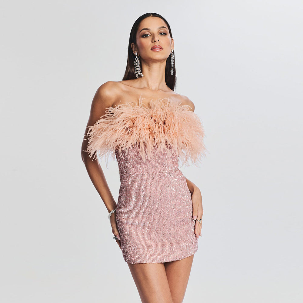 Chic Pink Feather Mini Dress - Dresses - DINIBLO 